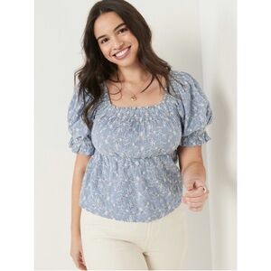Old Navy medium blue embroidered puff sleeve top babydoll blouse